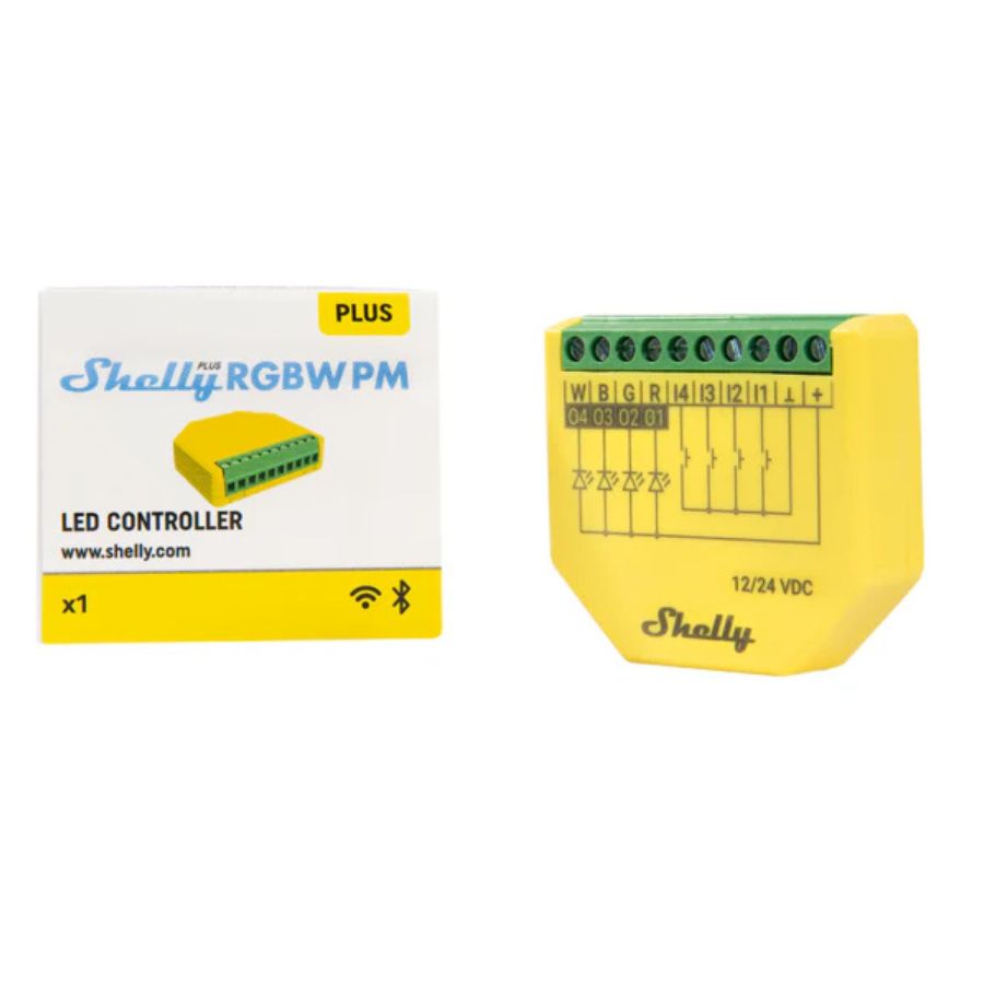 Controlador Shelly Plus RGBW PM para tiras LED de color con medición