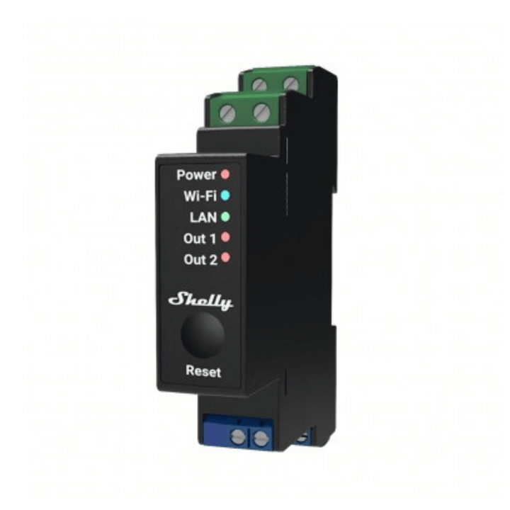 Shelly Pro 2PM frontal indicadores LED estado WiFi relé