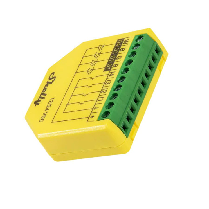 Controlador Shelly Plus RGBW PM con sus bornes para la tira LED de 24 V