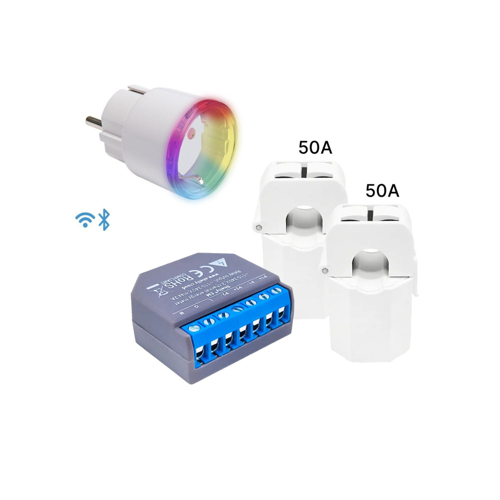 Componentes Pack Gestión Excedente: Shelly EM, pinza 50A y enchufe Plug S