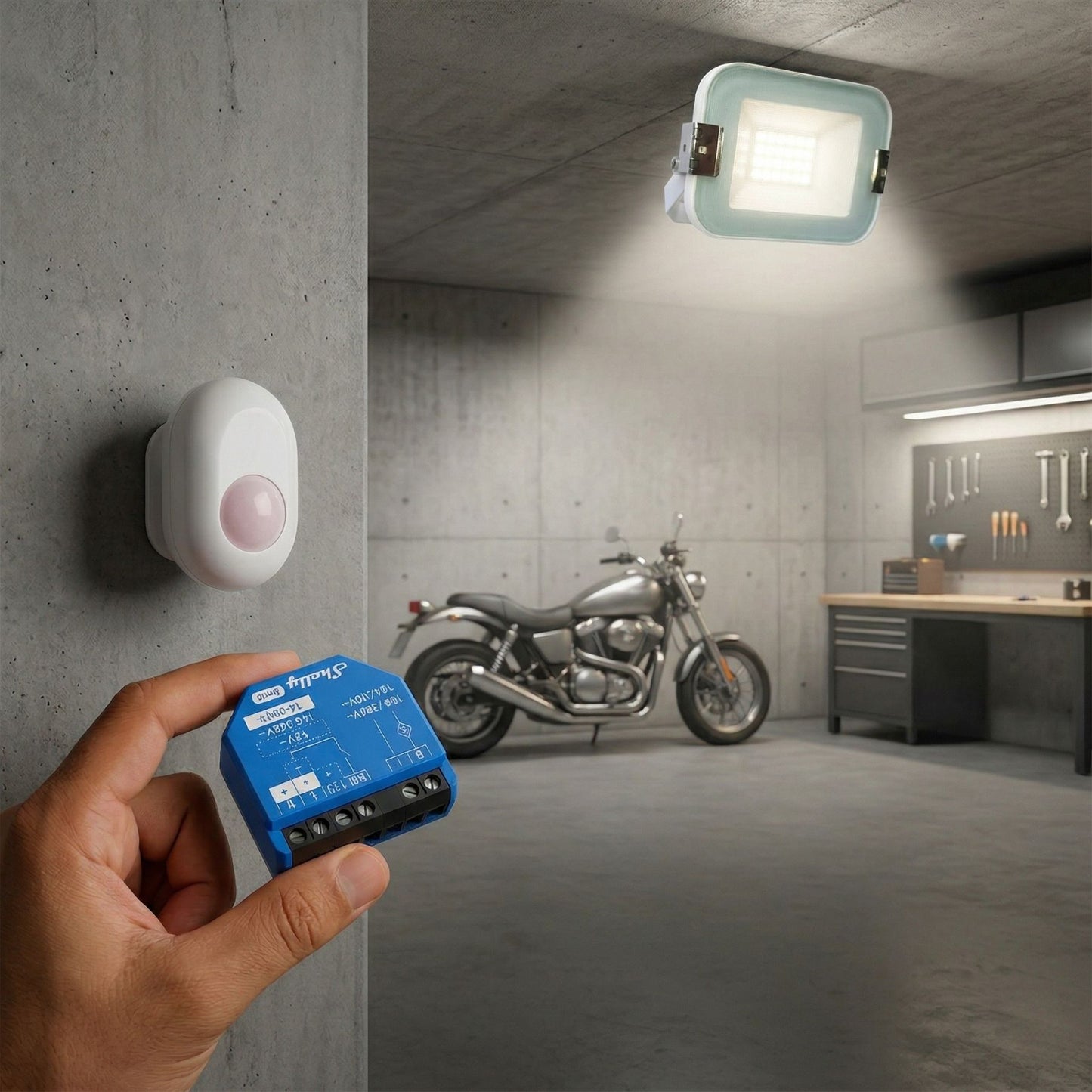 Pack Bienvenida Garaje: Foco LED 10W + Shelly 1 Gen3 + Shelly Motion