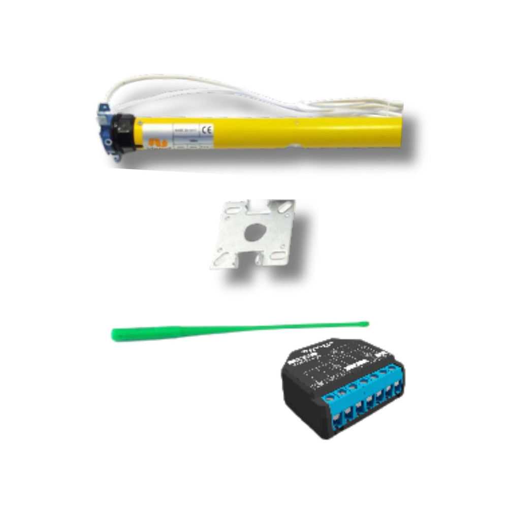Componentes Pack Persiana Base 35: motor mecánico silencioso Ø35 y Shelly 2PM