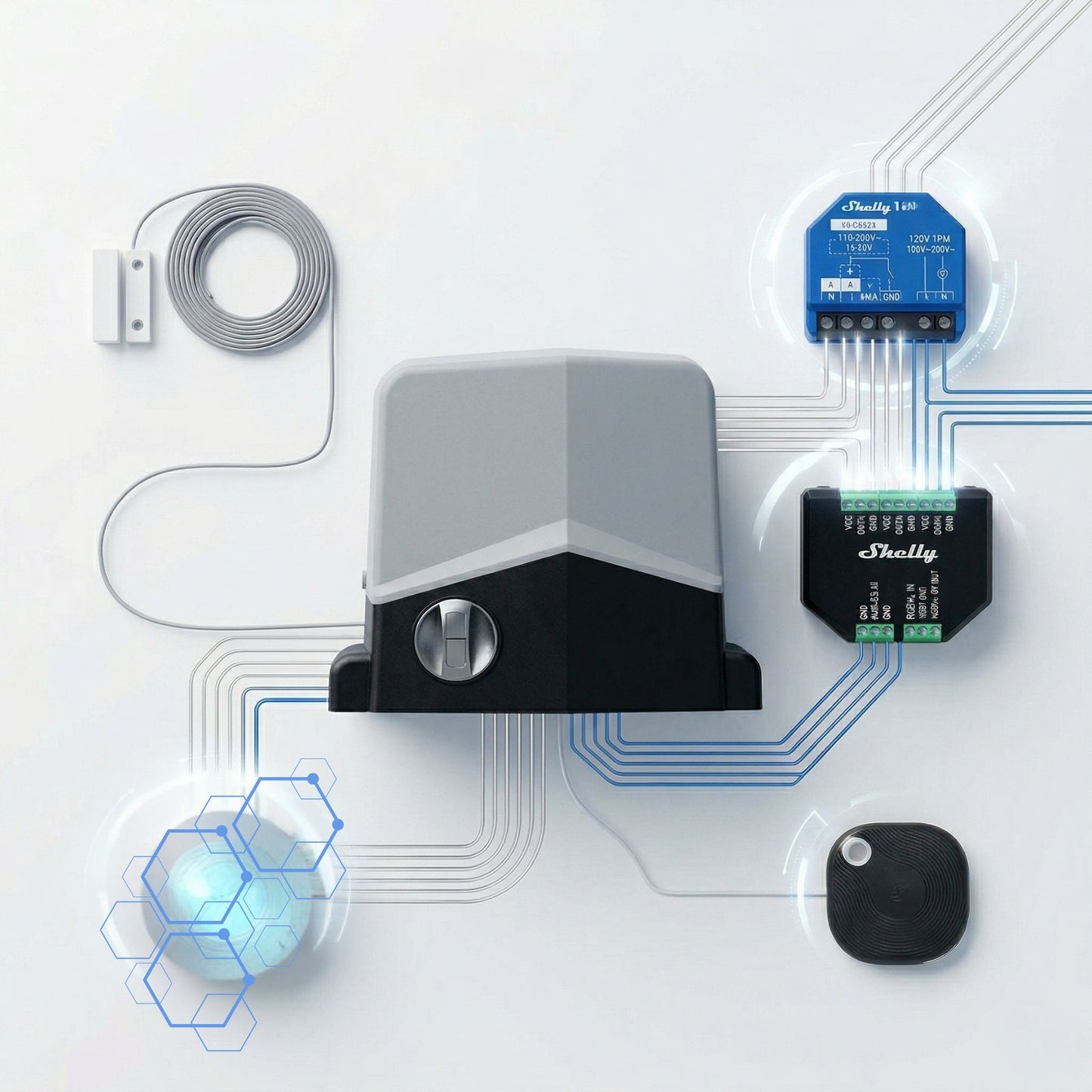 Pack motor KANE-8 con mandos y Shelly 1 Gen3 automatización WiFi puerta