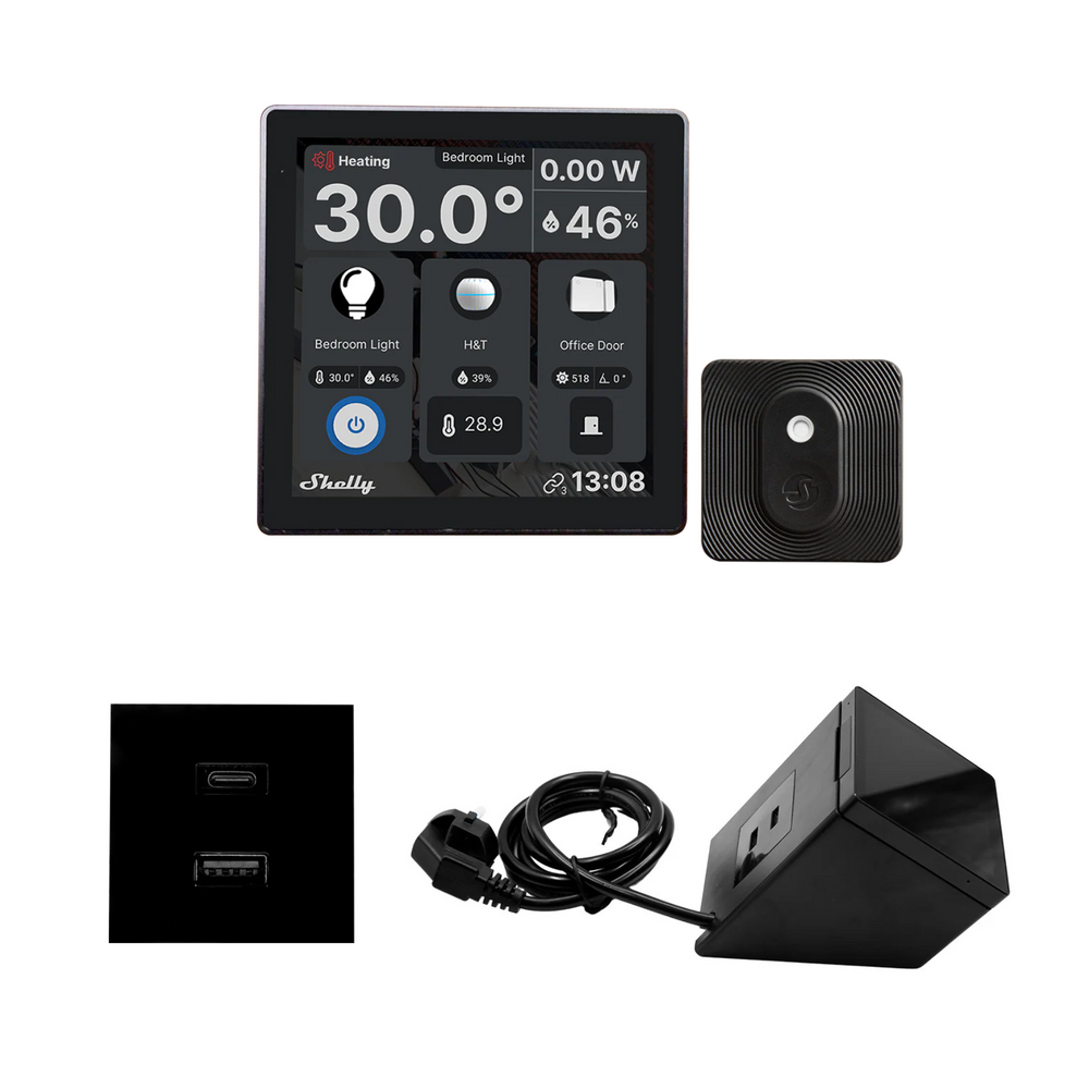 Wall Display Shelly negro con sensor BLU H&T y accesorios para hogar inteligente