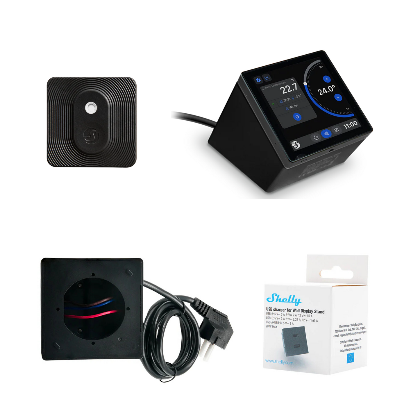 Pack Shelly Wall Display White + BLU H&T + Stand + USB Charger