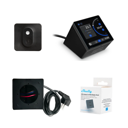 Pack Shelly Wall Display White + BLU H&T + Stand + USB Charger