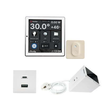 Pack Shelly Wall Display White + BLU H&T + Stand + USB Charger