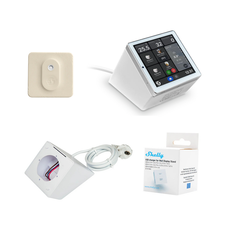 Shelly Wall Display blanco montado con stand para control domótico de sobremesa