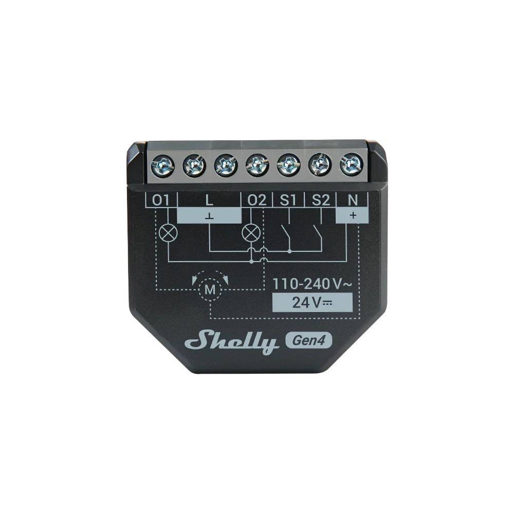 Shelly 2PM Gen4 de frente con sus bornes de conexión para el motor de persiana