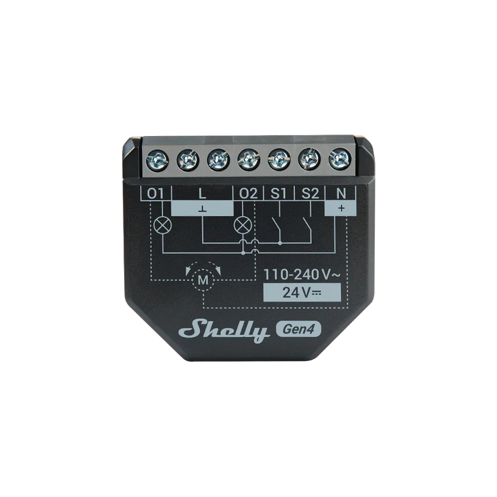 Shelly 2PM Gen4 de frente con sus bornes de conexión para el motor de persiana