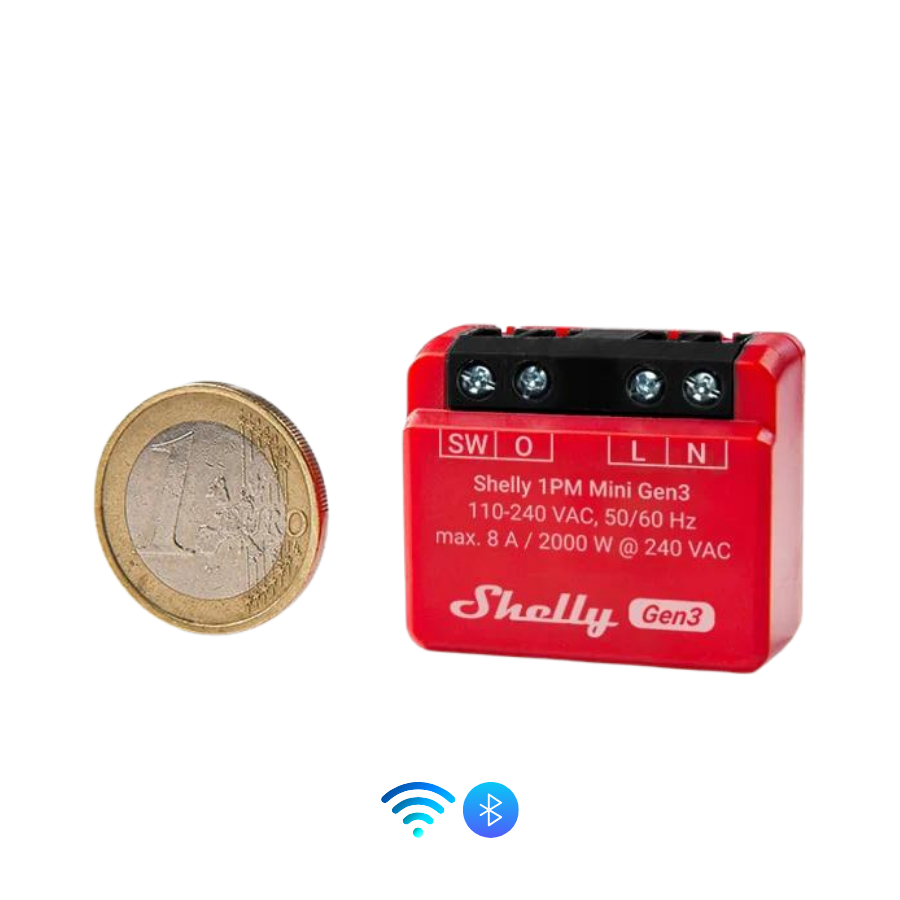 Shelly Mini 1PM Gen3 junto a un euro