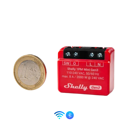 Shelly Mini 1PM Gen3 junto a un euro