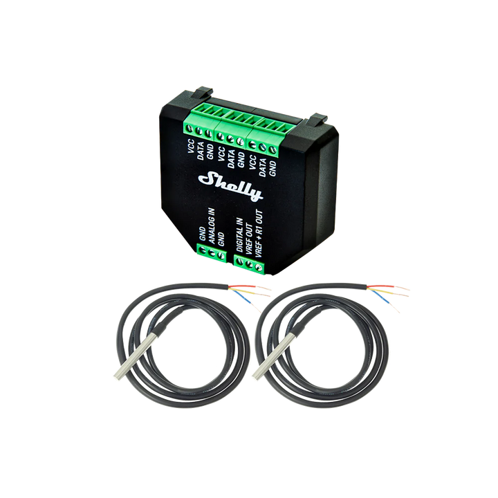 Shelly Plus Add-On — Especificaciones técnicas: 1-Wire DS18B20, entrada analógica 0-10V
