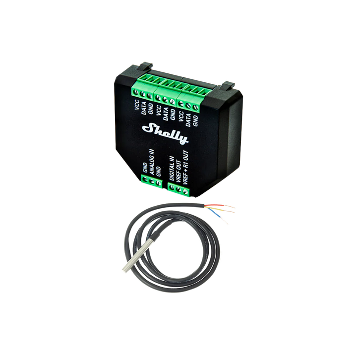 Shelly Plus Add-On — Diagrama de conexión con sonda DS18B20 y relé Shelly Plus