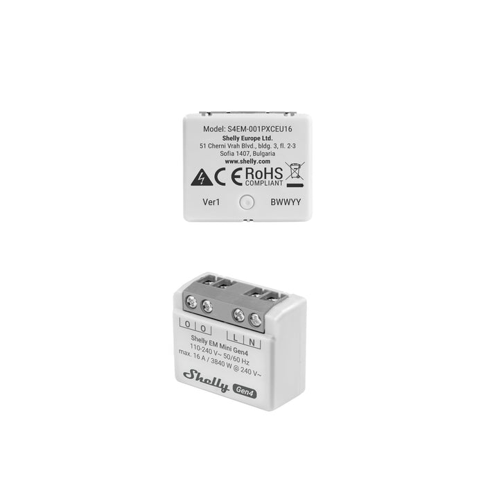 Etiqueta del Shelly EM Mini Gen4 con modelo S4EM-001PXCEU16, marcado CE y RoHS