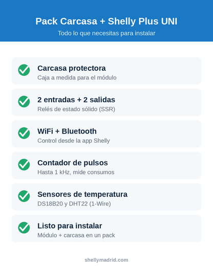 Características del pack carcasa + Shelly Plus Uni
